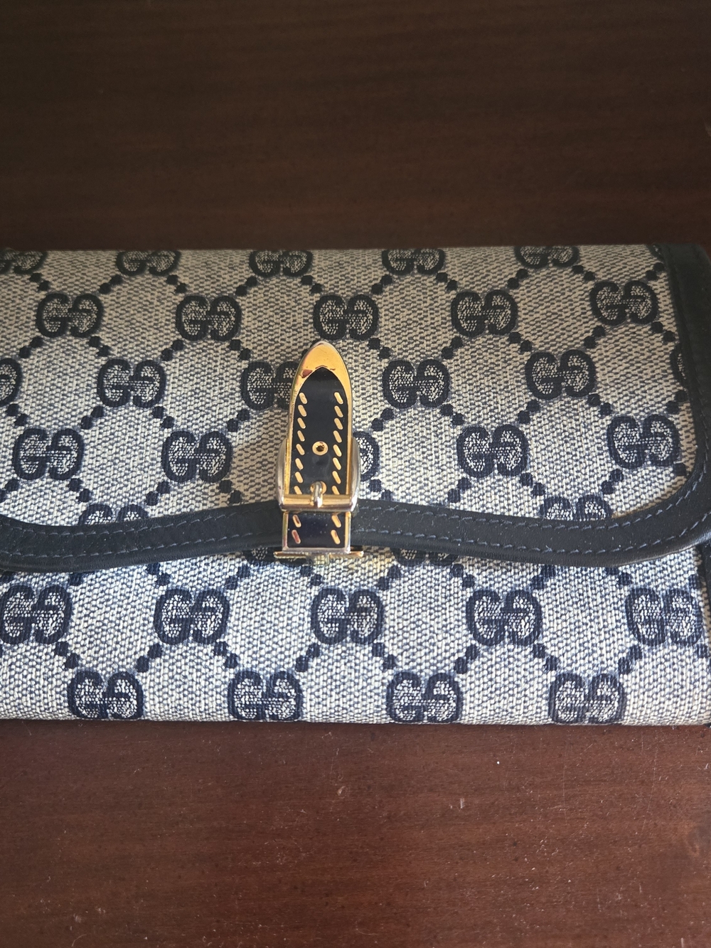Gucci Navy GG Canvas Continental Wallet with Gold Buckle Accent